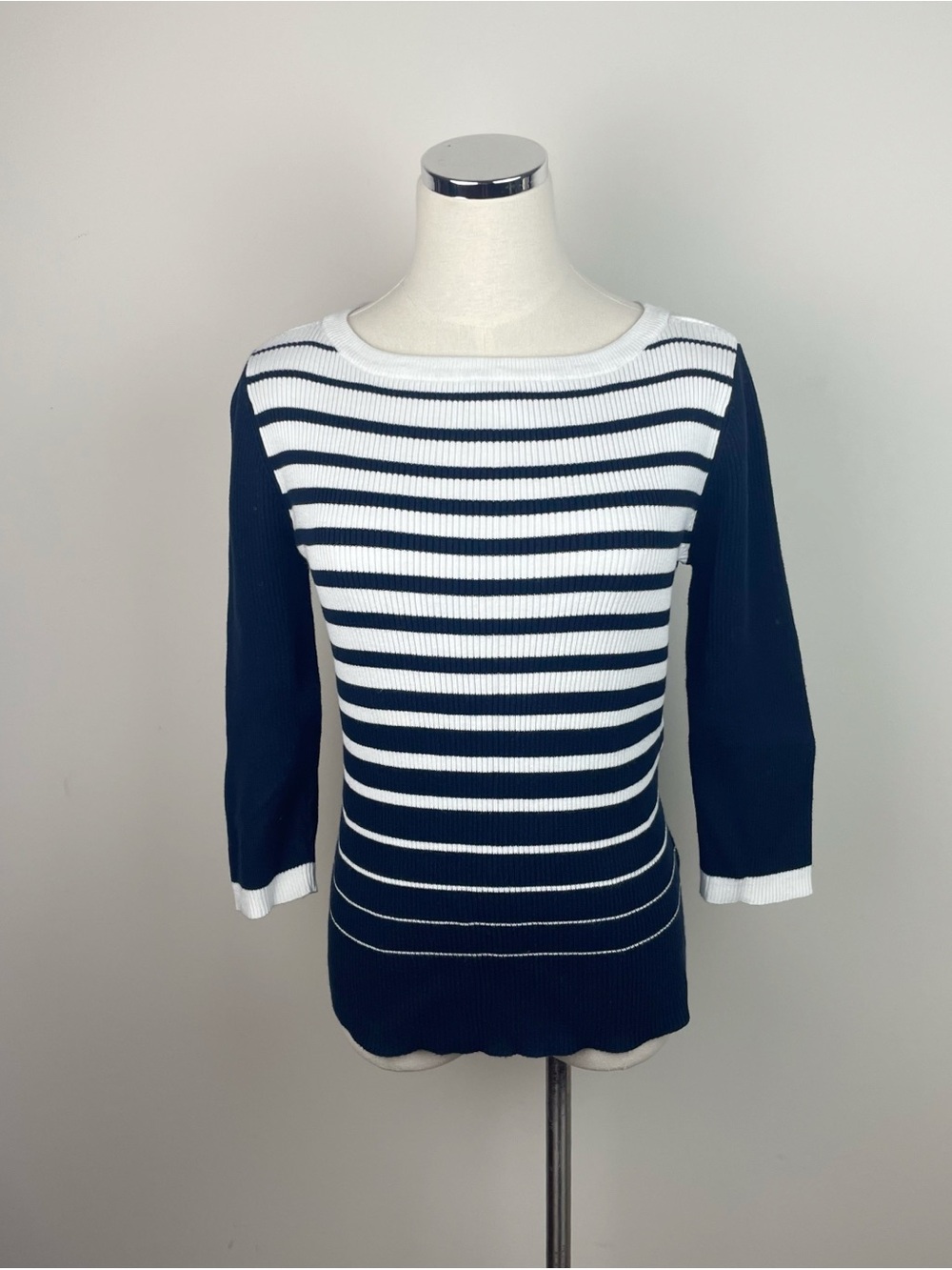 Tommy Hilfiger Navy Blue White Stripe Ribbed Knit Sweater Top Women Large